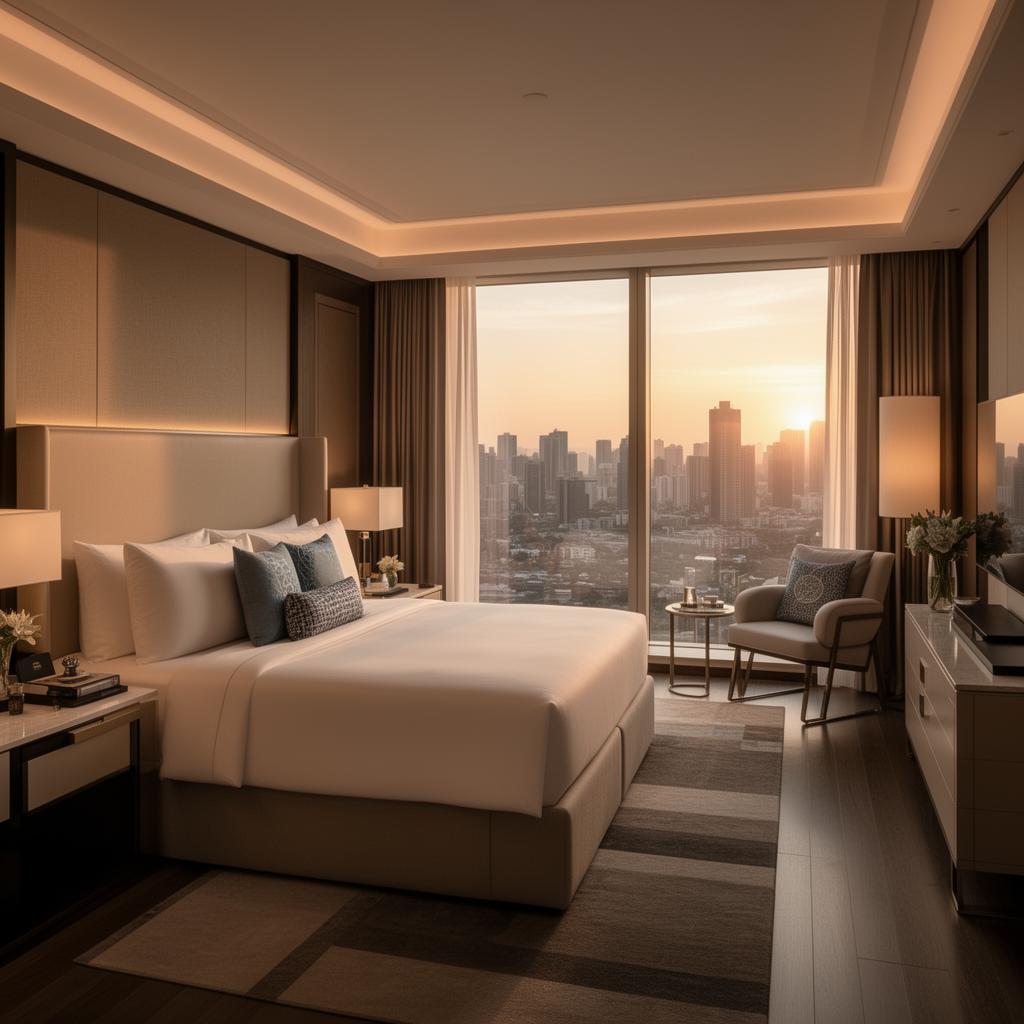 Dormitor premium condo hotel cu vedere la skyline