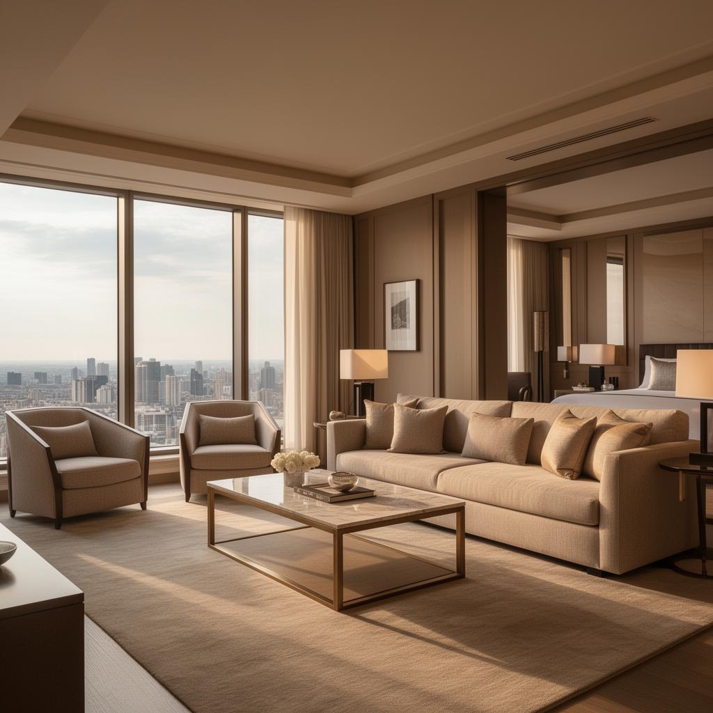 Interior elegant al unei suite condo hotel cu vedere la oraș
