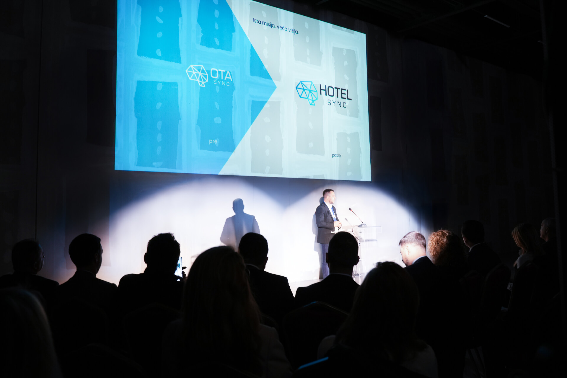 Prezentare pe scenă a schimbării de brand HotelSync, care arată tranziția de la OTA Sync la HotelSync
