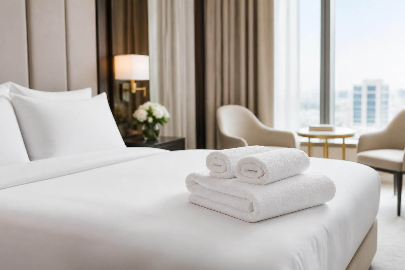 Cameră de hotel de lux cu prosoape albe împăturite îngrijit pe un pat proaspăt făcut